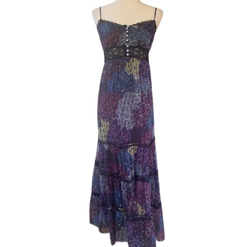 Paisley Patchwork Maxi Dress M Boho Tiered Lace Gypsy Indie Folk Whimsigoth
